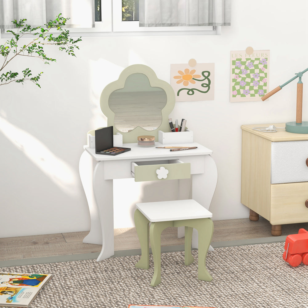 Coiffeuse avec tabouret, miroir, tiroir et boîtes de rangement, blanc