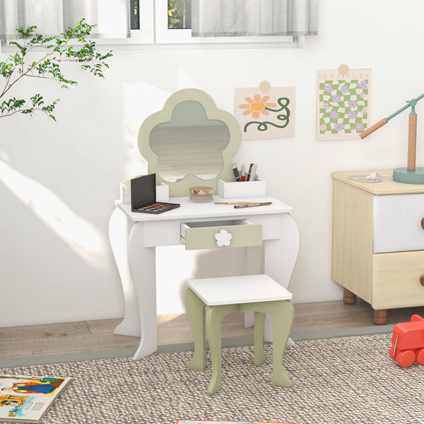 Coiffeuse avec tabouret, miroir, tiroir et boîtes de rangement, blanc