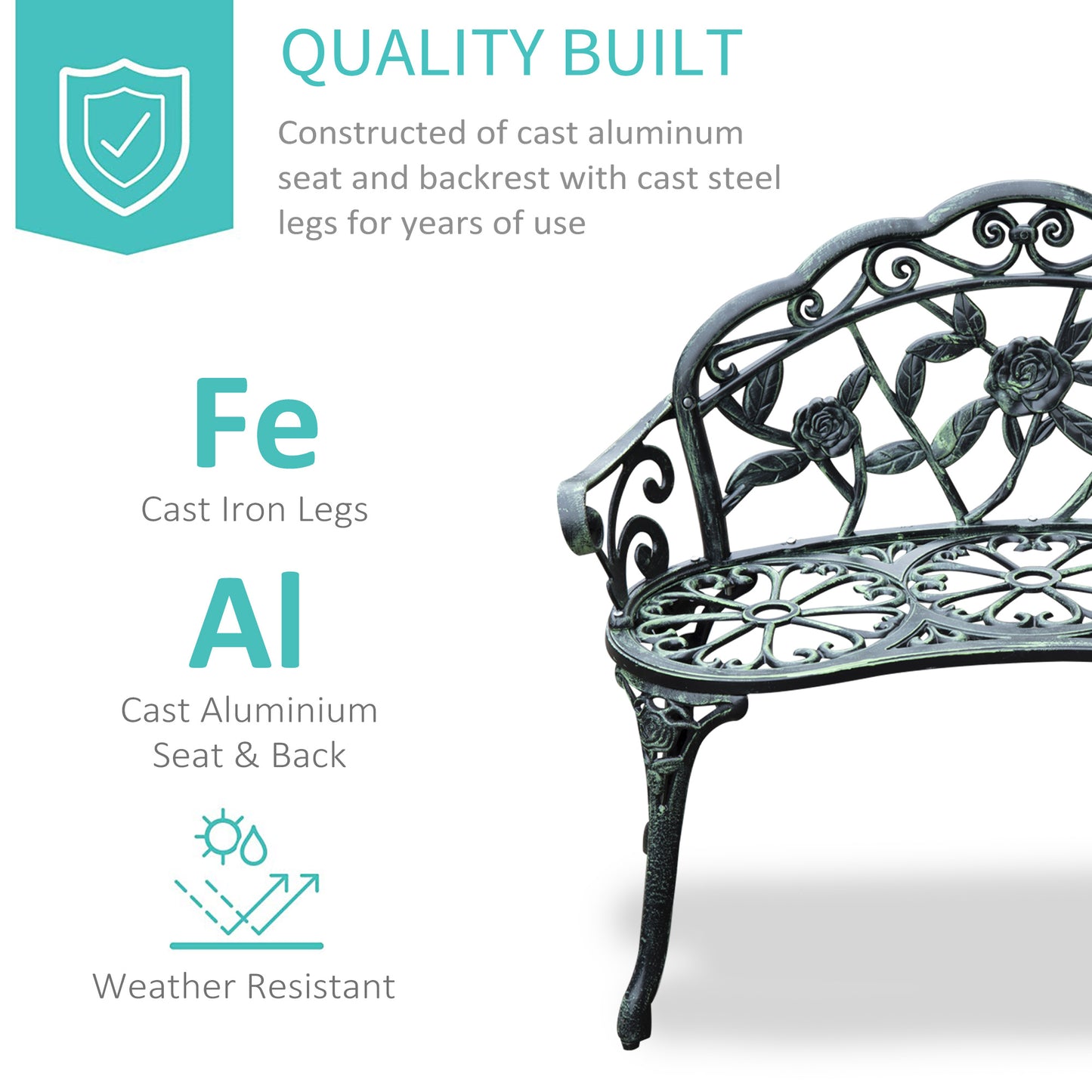Outsunny 40 Inch Outdoor Garden Bench Cast Aluminum Antique Rose Style for Patio Park Yard Porch Balcony Lawn Green