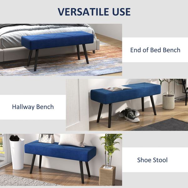 Banc de chambre rembourré moderne avec pieds en acier, bleu foncé