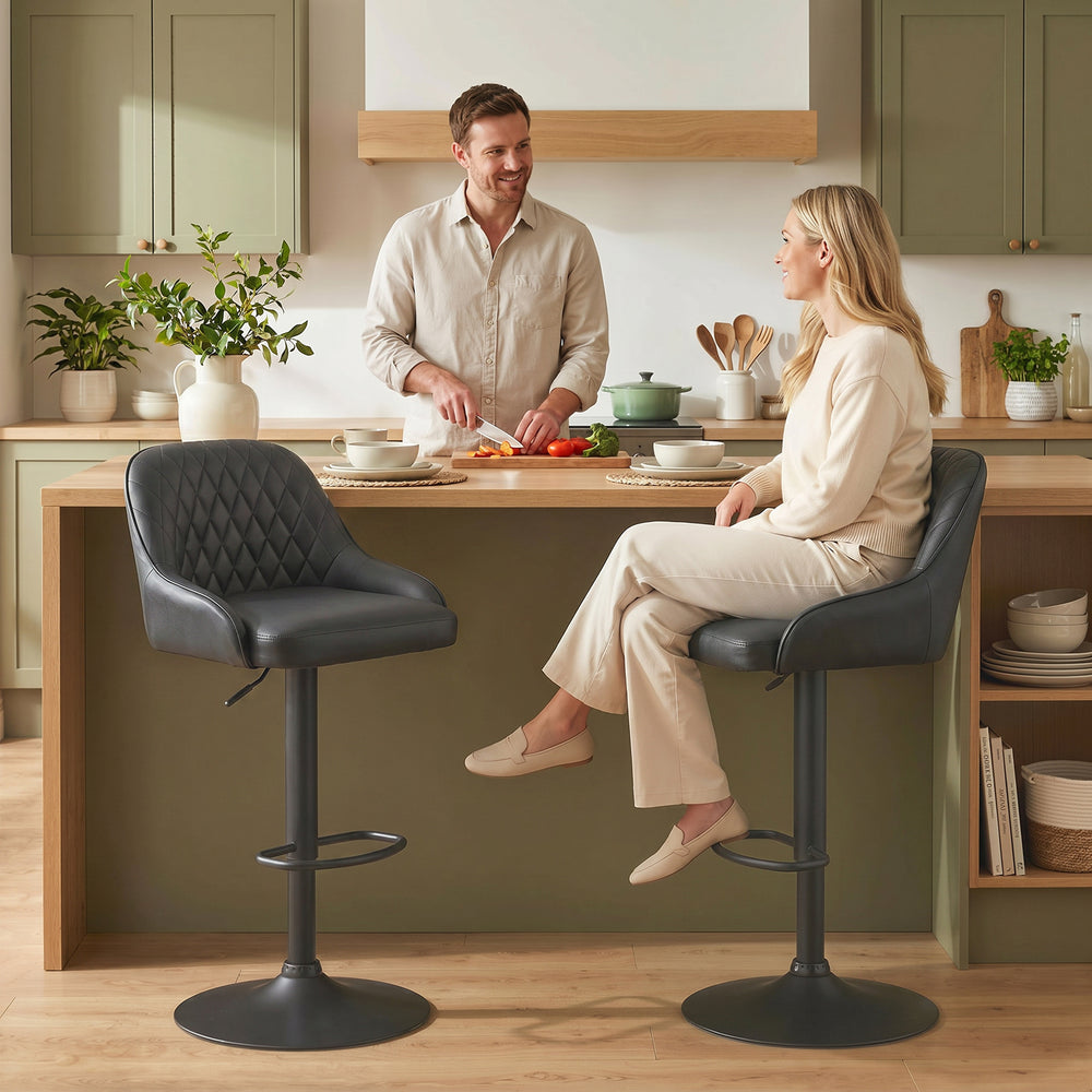 Black Faux Leather Adjustable Bar Stools, Set of 2