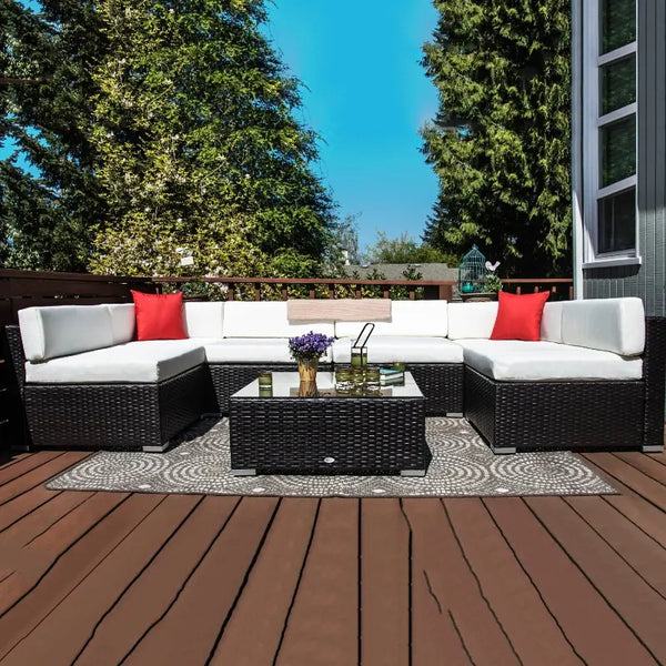 Ensemble de mobilier de jardin 7 pièces en rotin tressé avec table basse et coussins