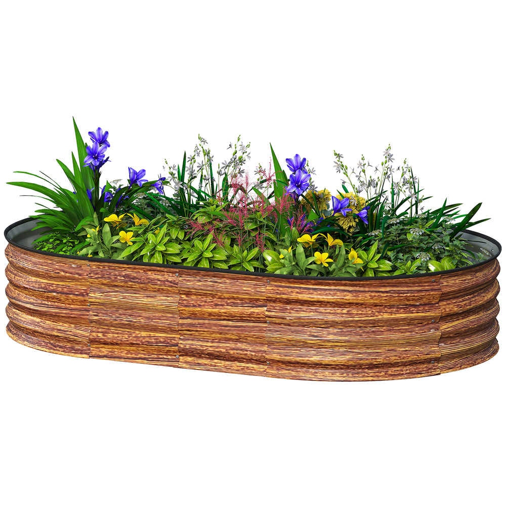 Raised outdoor planter in galvanized steel with metal support, brown wood look