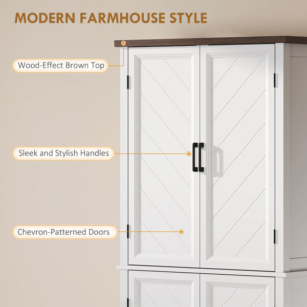 Armoire de rangement de cuisine style ferme moderne, avec 4 portes à chevrons et 4 étagères réglables, blanche.