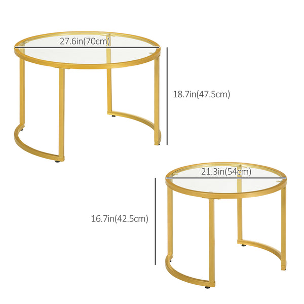 Lot de 2 tables basses rondes modernes avec plateau en verre trempé dorées