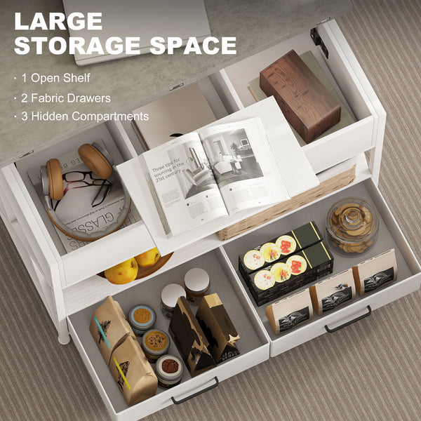 Table basse relevable avec double plateau ajustable, rangement caché et 2 tiroirs – Blanc et gris ciment
