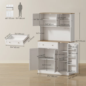 68" Storage Cabinet with Charging Station, Microwave Mount, 4 Door Shelves, White