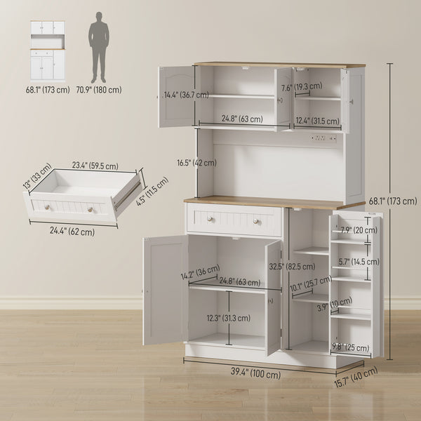 68" Storage Cabinet with Charging Station, Microwave Mount, 4 Door Shelves, White