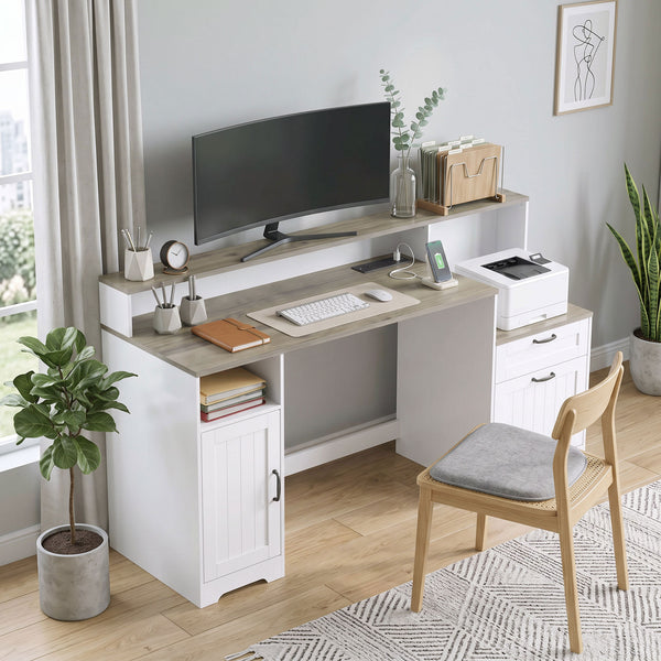 Computer Desk with Power Outlets Office Desk 1 Cabinet File Drawer Gray Brown White