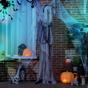 Décoration d'Halloween grandeur nature 1,80 m, squelette de sorcière, accessoire animé avec yeux lumineux et son effrayant
