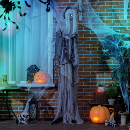 Décoration d'Halloween grandeur nature 1,80 m, squelette de sorcière, accessoire animé avec yeux lumineux et son effrayant