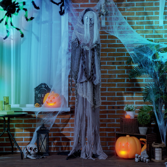 Décoration d'Halloween grandeur nature 1,80 m, squelette de sorcière, accessoire animé avec yeux lumineux et son effrayant