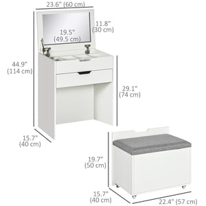 Ensemble coiffeuse avec miroir rabattable, tabouret et 7 compartiments, blanc