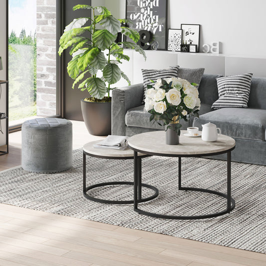 Lot de 2 tables basses modernes avec base en métal pour salon, gris ciment