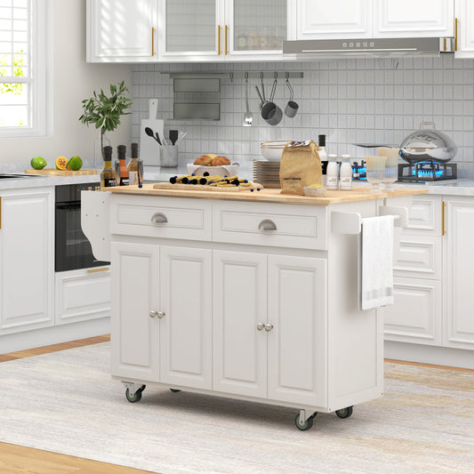 Îlot de cuisine avec rangement avec abattant, plateau en bois d'hévéa et étagères réglables, blanc crème