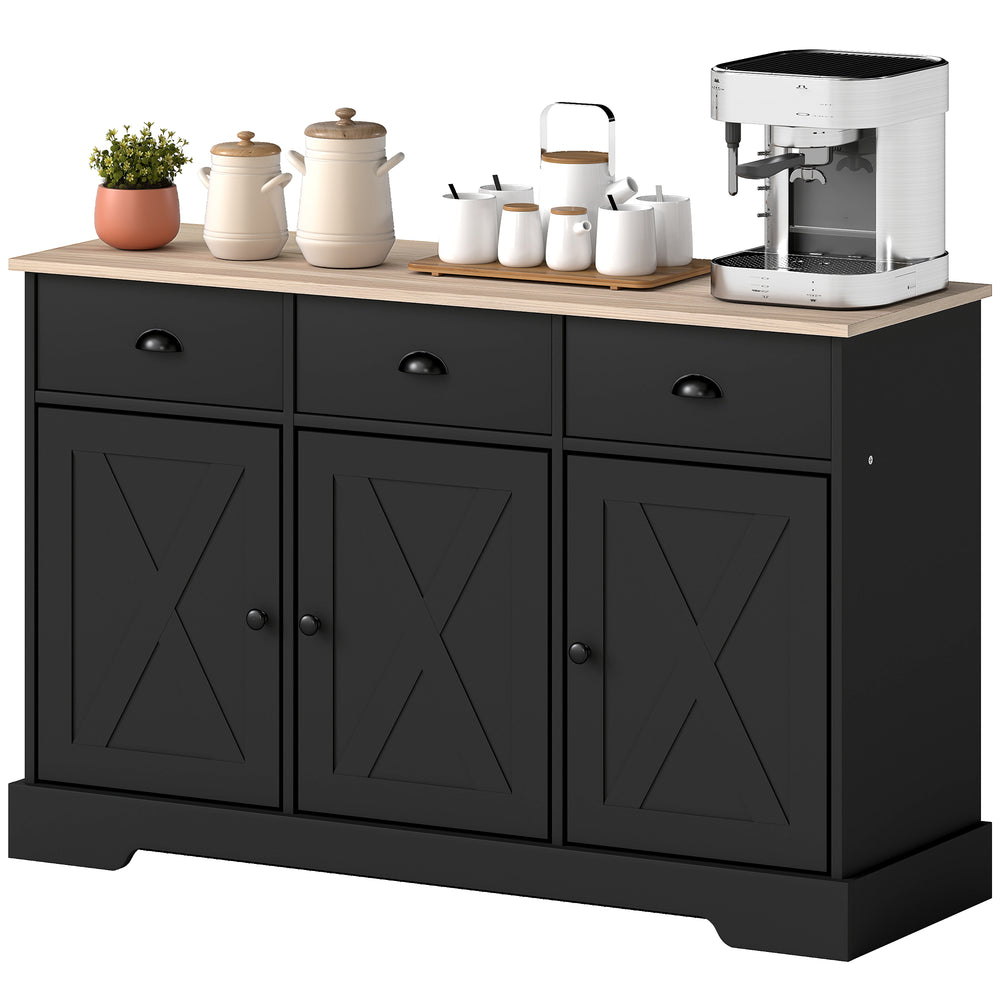 Buffet style ferme, avec 3 portes coulissantes et 3 tiroirs, pour salon ou cuisine, noir.