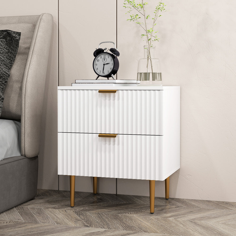 Table de chevet moderne avec 2 tiroirs, pieds en métal pour salon, chambre, blanc