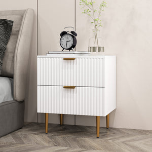 Table de chevet moderne avec 2 tiroirs, pieds en métal pour salon, chambre, blanc