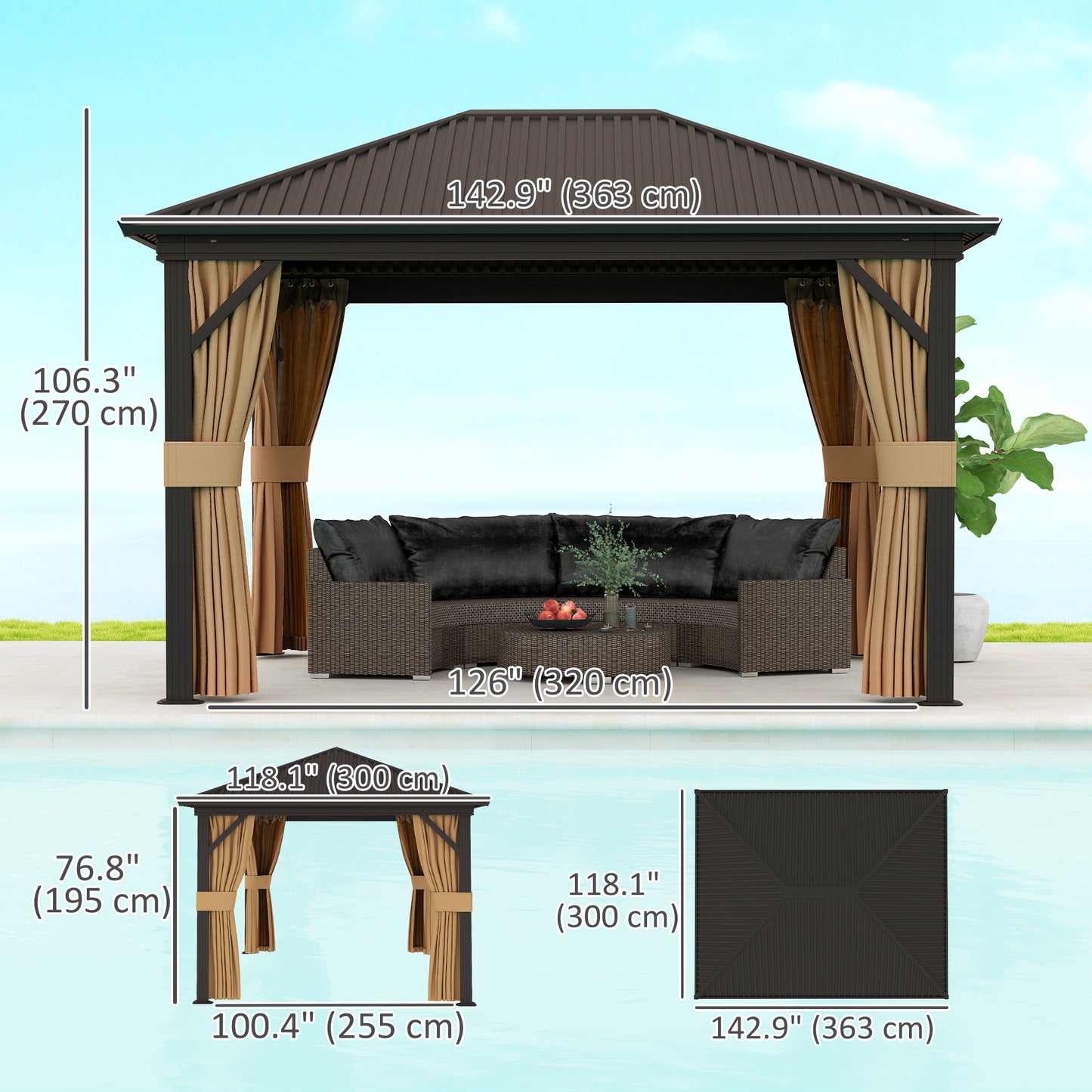 Gazebo 10' x 12' avec toit rigide en métal et cadre en aluminium, filets en maille, marron