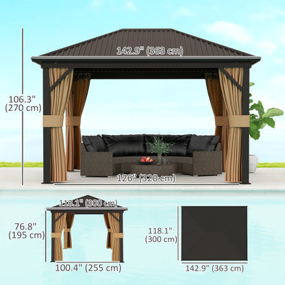 Gazebo 10' x 12' avec toit rigide en métal et cadre en aluminium, filets en maille, marron