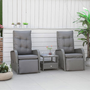 3 Pieces Patio Wicker Bistro Set, PE Rattan Coffee Table & Adjustable Recline Chairs Furniture Set with Cushions and Wood Grain Plastic Top, Grey