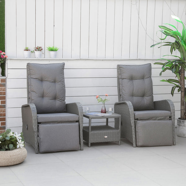 3 Pieces Patio Wicker Bistro Set, PE Rattan Coffee Table & Adjustable Recline Chairs Furniture Set with Cushions and Wood Grain Plastic Top, Grey