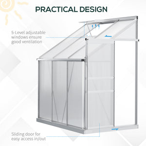 Lean-to greenhouse made of aluminum and polycarbonate with adjustable roof ventilation