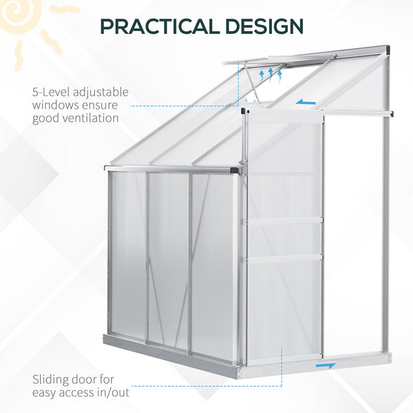 Lean-to greenhouse made of aluminum and polycarbonate with adjustable roof ventilation