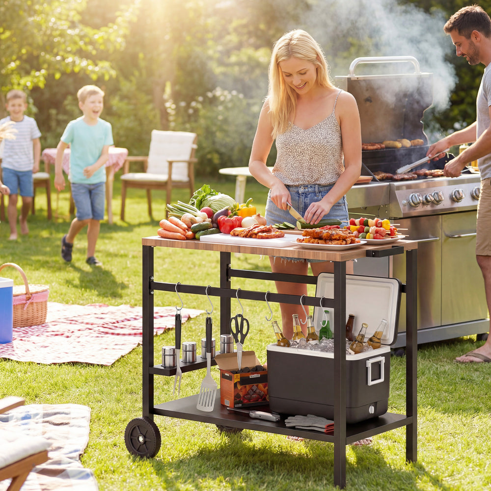 Chariot de barbecue d'extérieur à 2 niveaux, support pour barbecue avec porte-boissons, crochets et roues, noir et marron