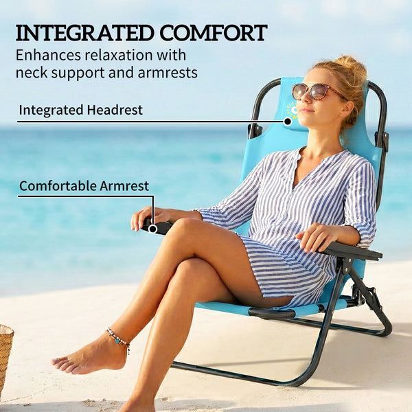 Set of 2 beach chairs, foldable and adjustable in 5 positions, with headrest and armrests, light blue.