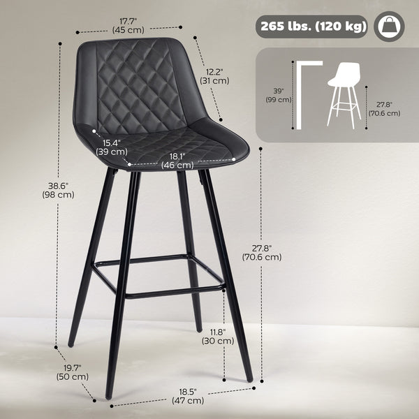 Set of 2 black faux leather bar stools.