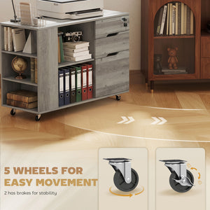 Filing Cabinet with Power Outlets File Cabinet Lockable Casters File Drawer Side Cubbies Light Grey Brown