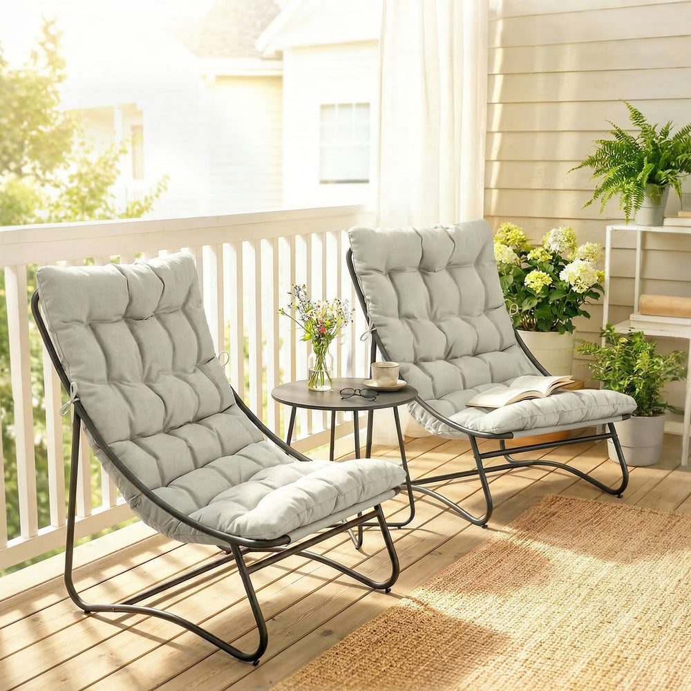 Ensemble bistro d'extérieur 3 pièces, table ronde et chaises pour 2 personnes avec assise et coussins, gris clair