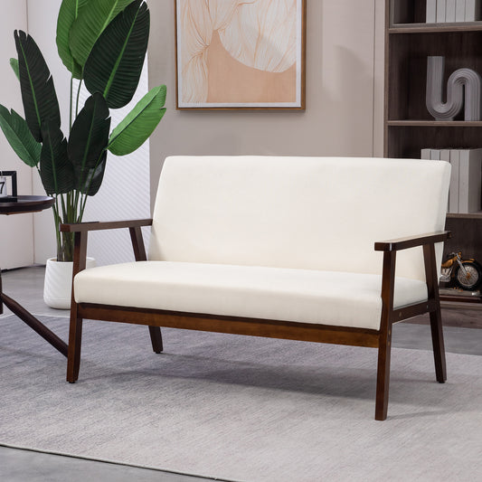 Canapé-lit compact en tissu lin avec pieds en bois d'hévéa, blanc crème