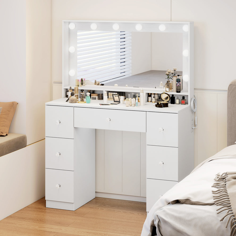 Vanity Table with 10 Dimmable LED Lights and Charging Station, White
