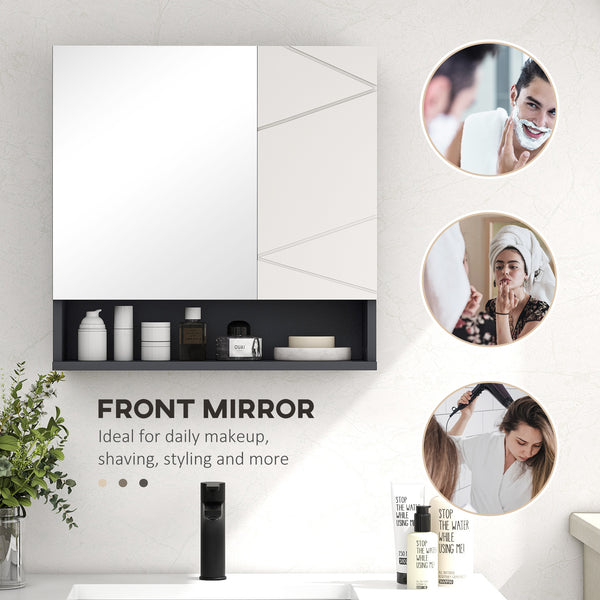 Wall-mounted bathroom cabinet with mirror, adjustable shelf, and soft-close mechanism, light gray
