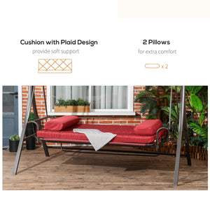 3 Person Porch Swing Bed, Outdoor Patio Swing Chair Bench Hammock with Adjustable Canopy, Cushions, Pillows for Porch and Backyard, Red