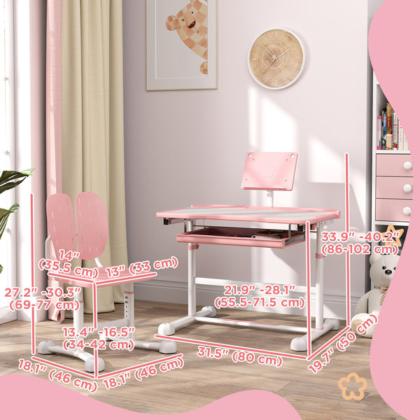 Height Adjustable Desk and Chair Set with Tilting Top, Pink