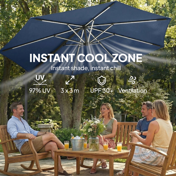 3m cantilever parasol with solar lighting, 360° rotation, tilt, and protective cover, navy blue