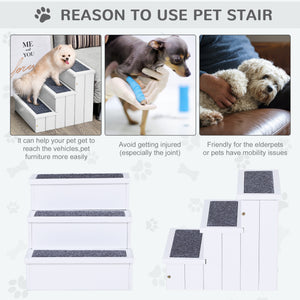 Pet Steps 3-Step Dog Stairs for Small Dogs Cats and Wooden Ramp with Storage Box Carpet Tread, White