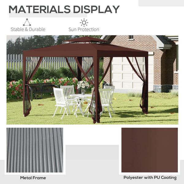 10' x 10' Outdoor Canopy Tent Party Tent with Mesh Netting and Double Tier Roof for Backyard, Garden, Patio, Brown