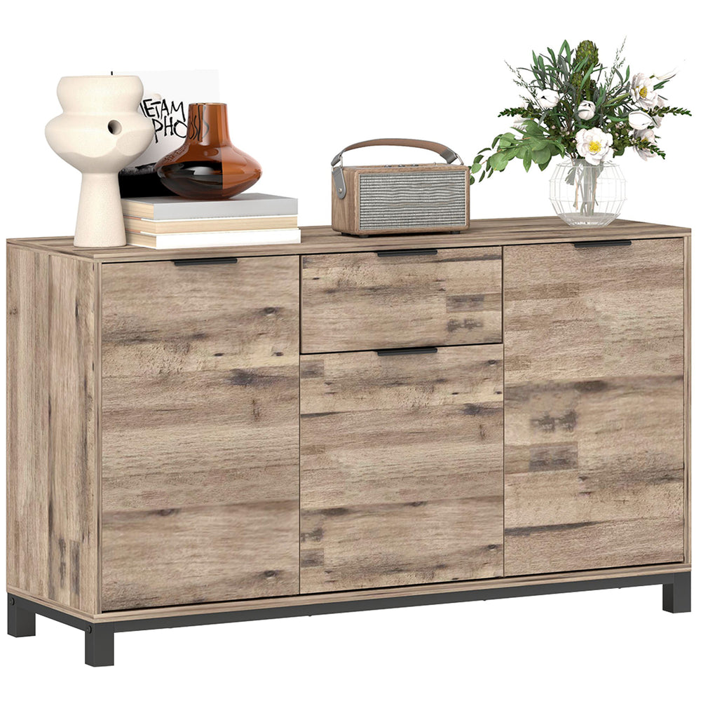 Buffet industriel avec 3 portes de 47", tiroir et 2 étagères réglables pour salon, grain de bois brun