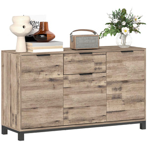 Buffet industriel avec 3 portes de 47", tiroir et 2 étagères réglables pour salon, grain de bois brun