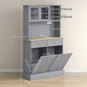 Armoire de rangement de cuisine avec prises électriques, 2 tiroirs et compartiments basculants – Gris et bois naturel