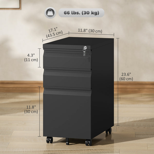 Classeur 3 tiroirs avec serrure, armoire de rangement de bureau en acier avec barre de suspension pour dossiers A4, Légal et Lettre, noir