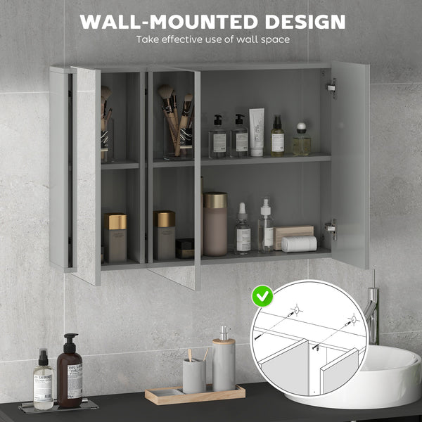 Armoire à pharmacie murale 35" x 24", avec miroir, 3 portes et étagères réglables, gris