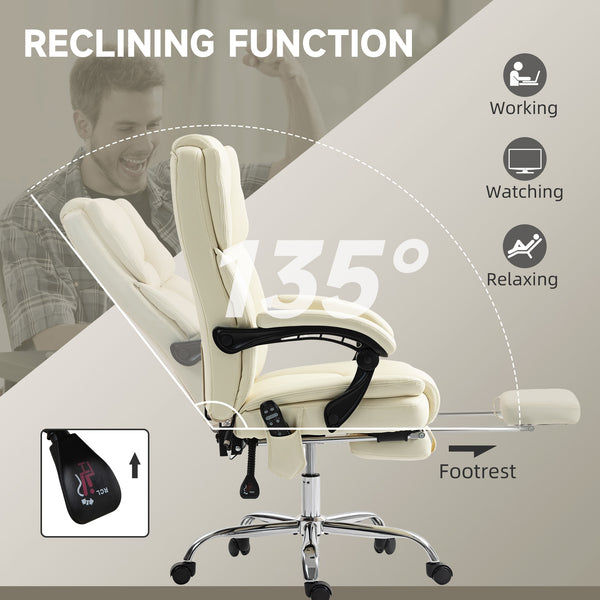 Fauteuil de bureau massant inclinable avec vibration à 6 points, repose-pieds et dossier haut, blanc