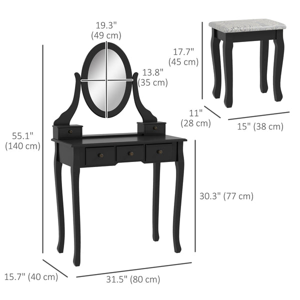 Coiffeuse avec tabouret et miroir ovale rotatif à 360°, noire