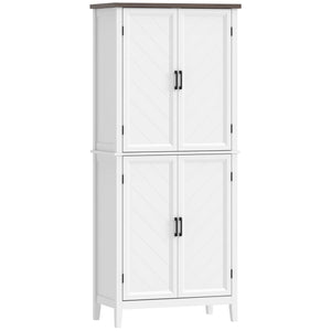 Armoire de rangement de cuisine style ferme moderne, avec 4 portes à chevrons et 4 étagères réglables, blanche.