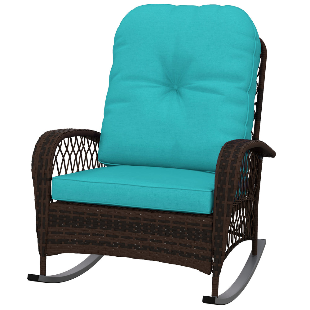 Outdoor Wicker Rattan Rocking Chair Patio Rocker with Thick Cushions for Garden Backyard Porch, Turquoise